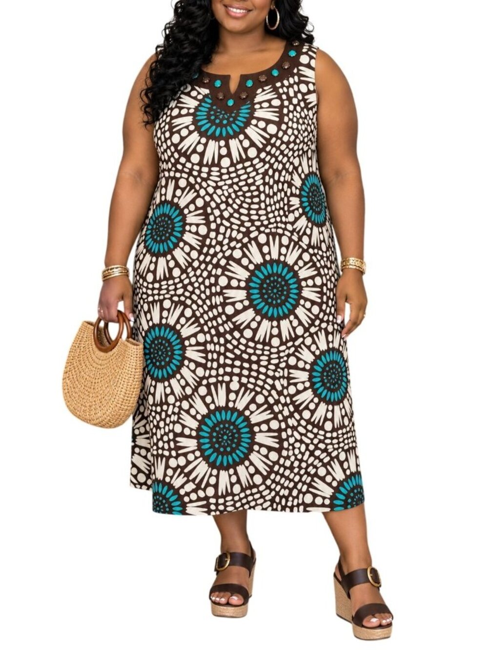 Jessica Howard Size Large Dress Midi Sleeveless Turquoise Ivory Beaded Neckline